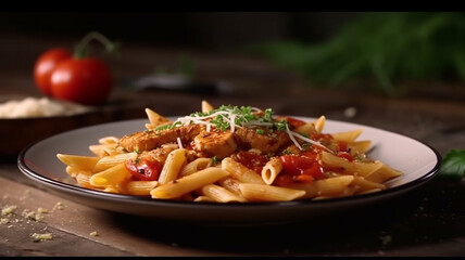 penne pasta in tomato sauce with chicken and tomatoes on a wooden table, Generative AI.