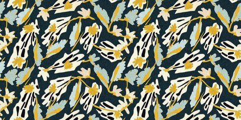 Modern printed fabric flower block print pattern with linen texture effect. Stylized boho dark floral for chic fashion background motif border design.