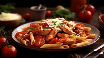penne pasta in tomato sauce with chicken and tomatoes on a wooden table, Generative AI.