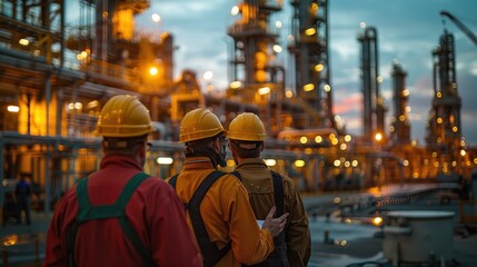 Strategic Planning Meeting of Oil and Gas Workers at Refinery Site with Industrial Equipment Surroundings