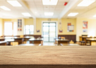 Background of a school interior with empty table