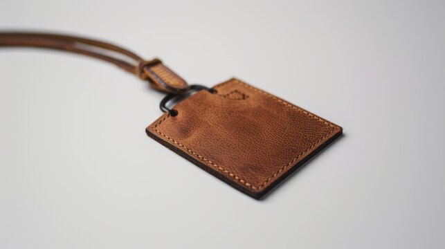 Simple leather luggage tag is resting on a white table, waiting to be customized