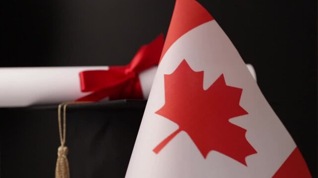 Canadian education and language learning, graduation cap with diploma and flag of Canada, high school graduate