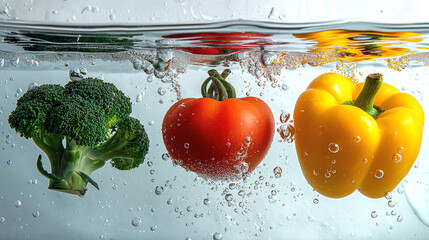 Broccoli tomatoes yellow bell pepper in water