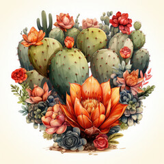 Fototapeta premium Watercolor Cactus Heart, clipart Illustration, Generative Ai