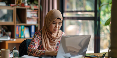 Fototapeta premium A focused asian Muslim woman wearing a hijab works on her laptop in an office setting.