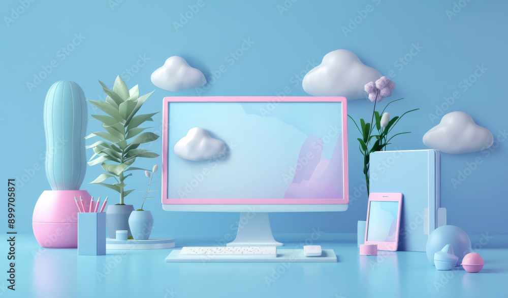 Poster a computer monitor sits on a desk with a blue background