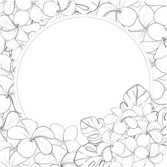 Vector tropical flowers template with monstera leaves, and plumerias. Exotic summer Frame. Graphic hand drawn, arrangements, background. Black circuit silhouette