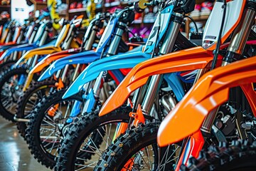 Fototapeta premium Close-Up of Off-Road Motorcycles in Shop