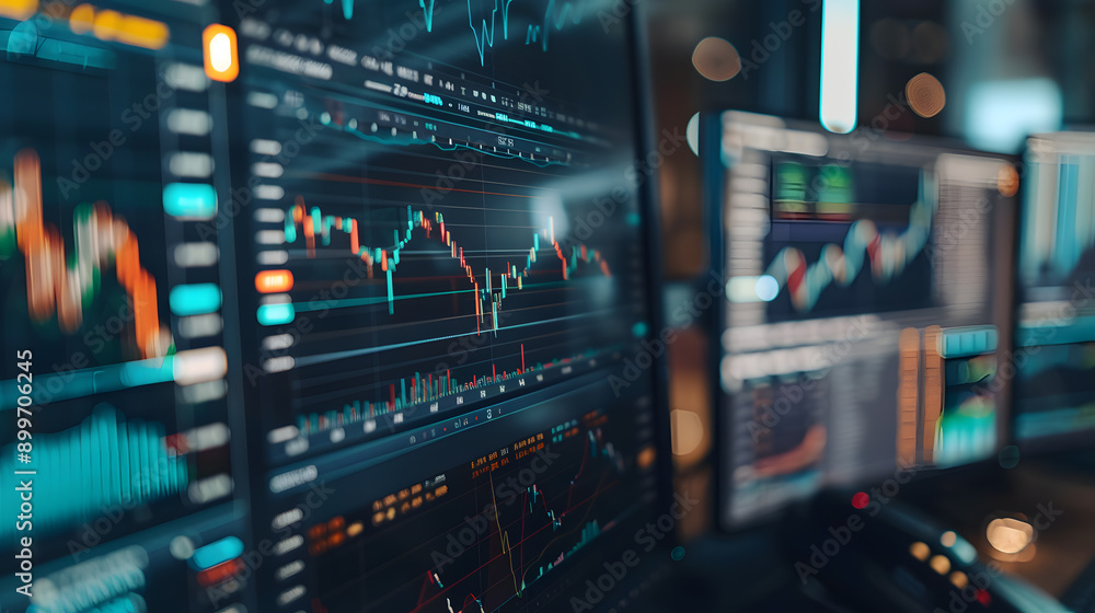 Poster close-up of financial charts and graphs on multiple monitors