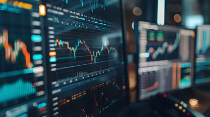 Obraz premium Close-up of financial charts and graphs on multiple monitors