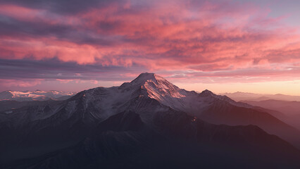 A breathtaking 3D render of a mountain range, captured in the golden light of a mesmerizing sunset. 