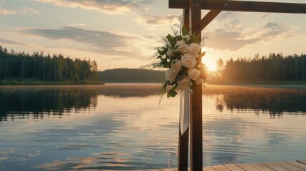 A beautifully arranged floral arch with white roses and greenery overlooks a peaceful lake, setting the perfect backdrop for a wedding ceremony at dusk