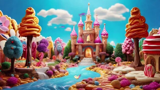 A palace in a colorful cake country with walls made of cakes and biscuits, there is a river flowing under the palace. There are several trees and flowers made of colorful cakes.
