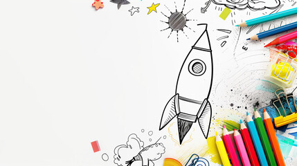 Innovative flat lay design featuring school supplies and a rocket drawing on a white background. This creative layout symbolizes children's education and the concept of 'back to the future' for kids s