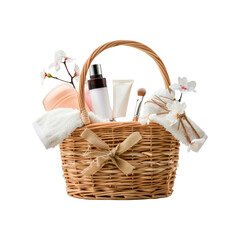 Basket with bathroom supplies. Isolated on transparent background.