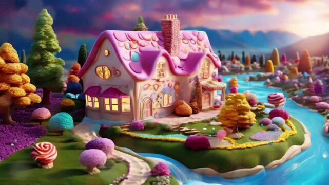 A dream house made of colorful cookies, there is a river next to the house. There are some trees and flowers made of colorful biscuits and cookies.