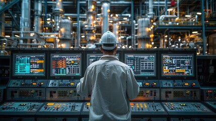 Expert Male Technician Monitoring Control Panel at Refinery with Data Screens