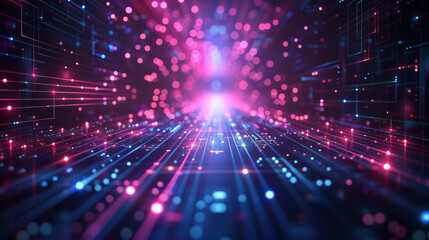 Vibrant digital landscape with glowing lights and abstract network connections creating a futuristic technology background with depth and energy.