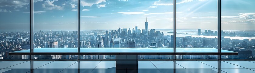 Modern Glass and Metal Table with City Skyline Backdrop for Urban Product Display