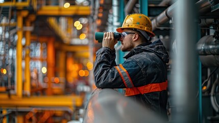 Monitoring Refinery Operations: Industrial Worker Uses Binoculars from High Vantage Point