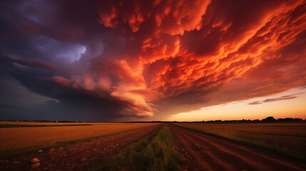 Sunset Over Rural Field with Dramatic Storm Clouds and Vibrant Colors