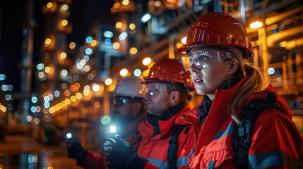 Obraz premium Night Inspection by Refinery Engineers with Flashlights | Team of Experts Examining Equipment in Dark Conditions