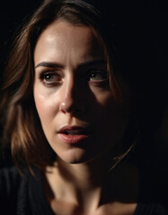 Woman with furrowed brows and worried expression looks directly at camera. Lighting is dim, casting shadows around face, emphasizing her stress. Fear, frustration, upset, worry and thoughtfulness. AI