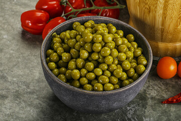 Sweet canned young green peas