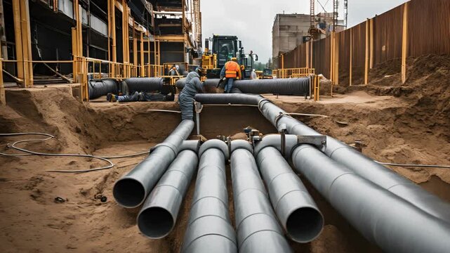 At the construction site, pipework is being installed to allow rainwater to flow into the water main collector