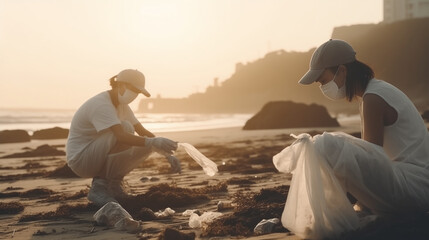 people cleaning plastic waste