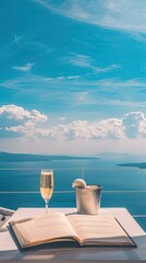 Fototapeta premium Two champagne glasses sit atop a table beside a heart decoration and a personal note in a cozy outdoor setting