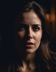 Woman with furrowed brows and worried expression looks directly at camera. Lighting is dim, casting shadows around face, emphasizing her stress. Fear, frustration, upset, worry and thoughtfulness. AI