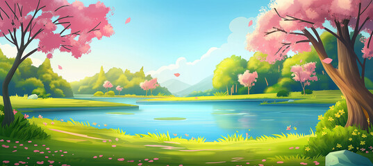 The Cartoon spring landscape with pink flowering, Illustration