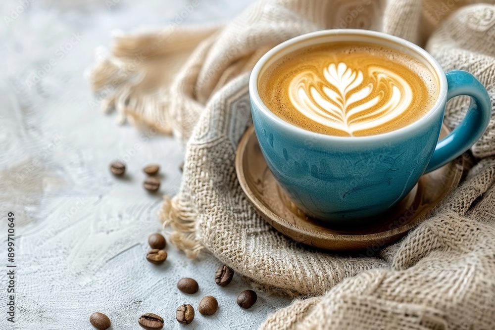 Poster blue cup of latte with beautiful latte art on a cozy rustic setting with coffee beans scattered on a