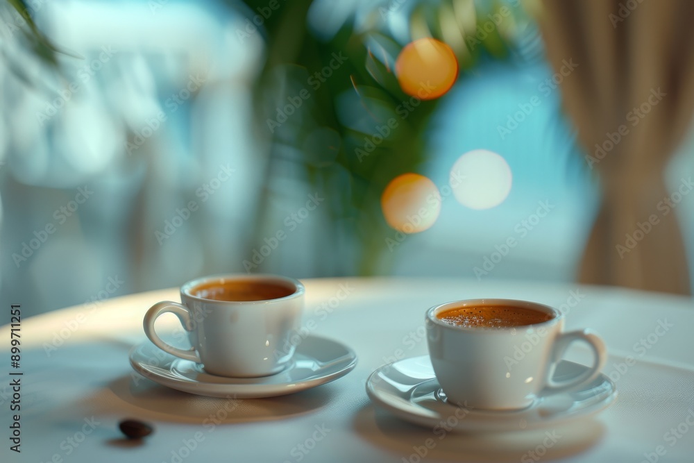 Poster two espresso cups on a marble table by the window with a blurred background perfect for a relaxing c