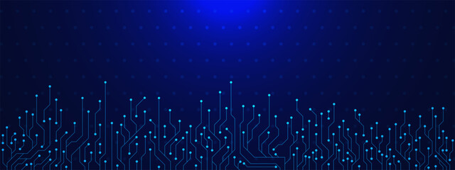 Abstract high technology circuit board texture. Electrical line, digital engineering, network connection and communication on dark blue background.