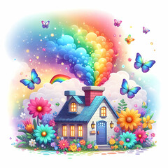 Enchanted Cottage Under a Rainbow Sky