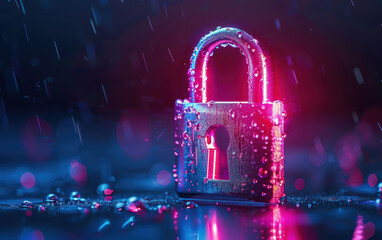 A cyber security concept image featuring a secure lock in neon lighting with raindrops, symbolizing protection and digital safety.
