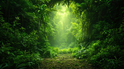 Lush green tropical rainforest with sun rays piercing through dense foliage, creating a serene and vibrant natural landscape.