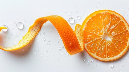 orange peel spiraled with water droplets, vibrant color, minimalist white background