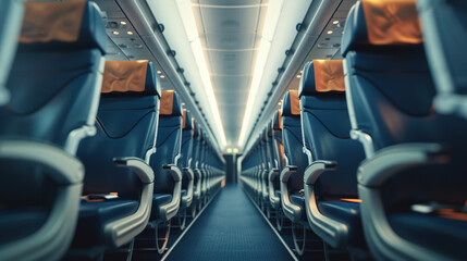 Airplane cabin and aisle with empty comfortable economy class seats inside the plane