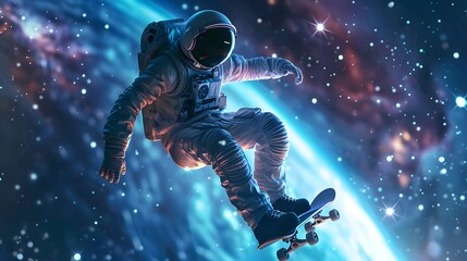 Fototapeta premium astronaut skateboarding on space illustration vector 3D randering. 