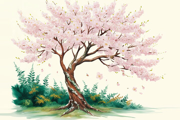 
Majestic tree in vibrant, lush setting with sprawling branches, intricate roots, and a warm sky, exuding ancient wisdom