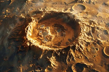 Aerial view of a massive Martian crater showcasing the rugged terrain and impact features on the surface of Mars.