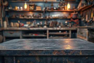 Vintage workshop with rustic workbench; antique tools and worn wooden shelves in the background, creating a nostalgic industrial atmosphere.