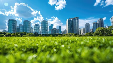 Obraz premium A picturesque scene of tall company buildings under a blue sky, framed by short green grass in the front, with an absence of people.