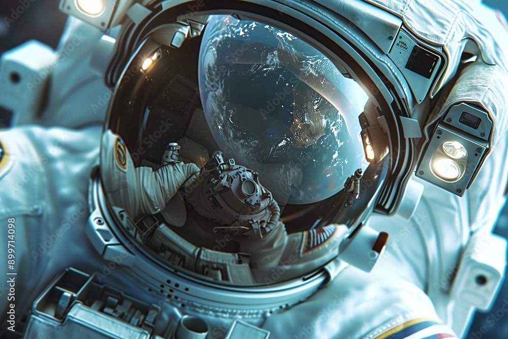 Poster Astronaut in space suit floating in outer space, reflecting Earth on helmet visor, capturing the awe of space exploration.