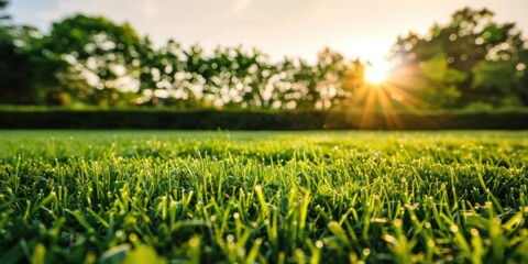 Lush Green Meadow Bathed in Warm Sunset Light