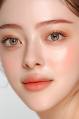 Portrait of a Young Woman with Clear Skin and Elegant Makeup, Featuring Natural and Subtle Beauty